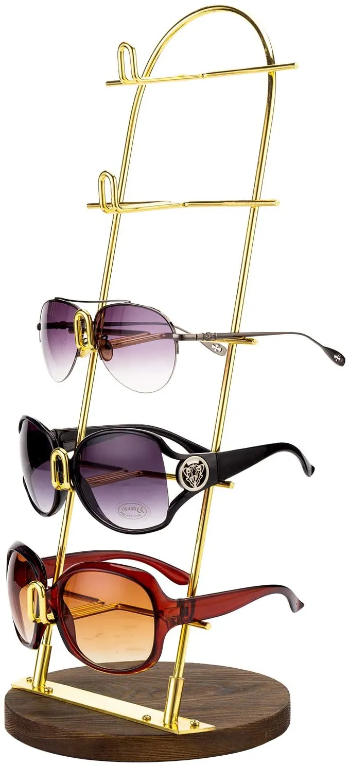 5-Tier Gold Metal Sunglasses Display Stand with Brown Wood Jewelry Holder Base, Retail Eyewear Rack