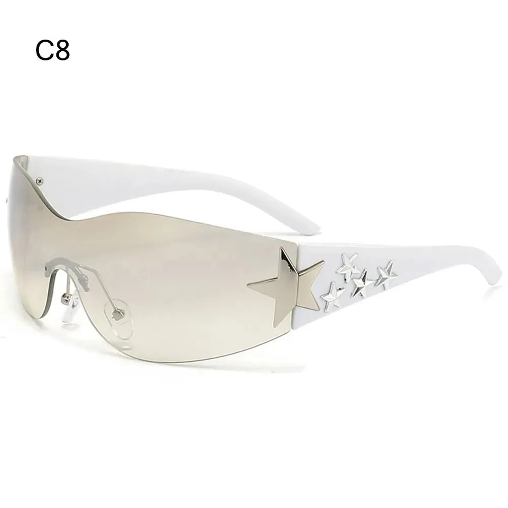 Star Wrap Around Sun Glasses Rimless Y2K Sunglasses for Women and Men Cool Black Sunglasses Shades for Beach
